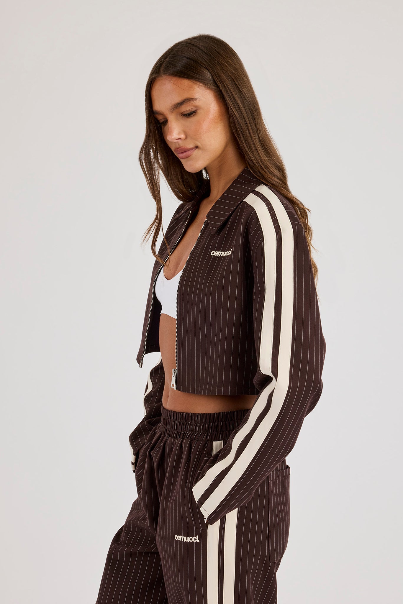 Pinstripe Taping Cropped Harrington Jacket - Chocolate